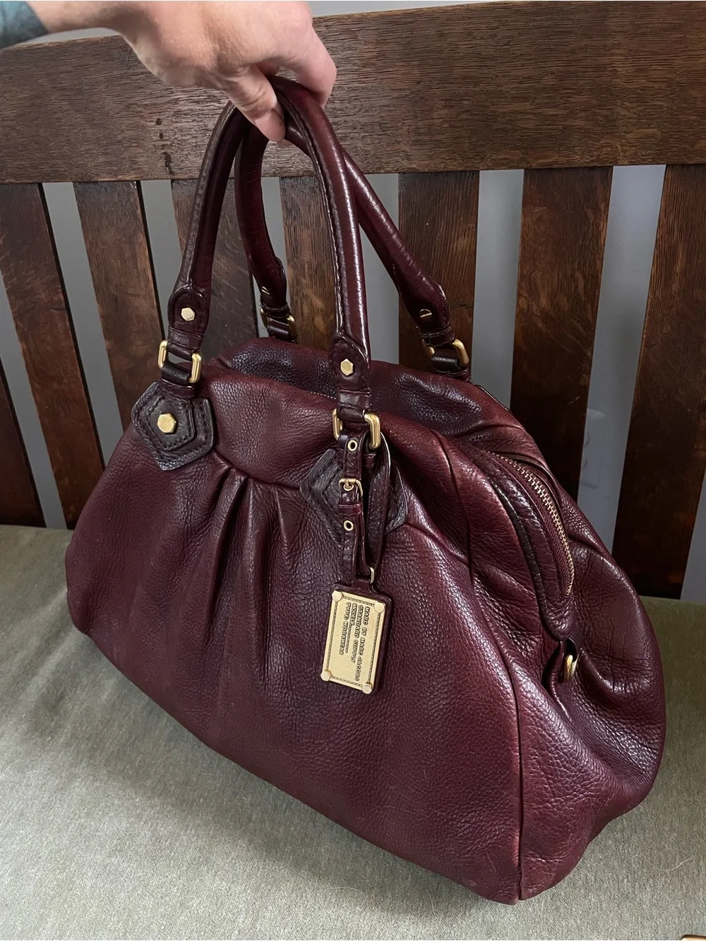 Marc by Marc Jacobs Burgundy Leather Pleated Satchel with Gold Hardware